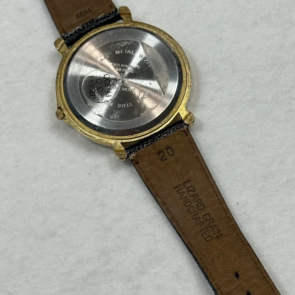 Vintage Milan Angel Watch Gold Tone Japan Black Lizard Leather needs battery